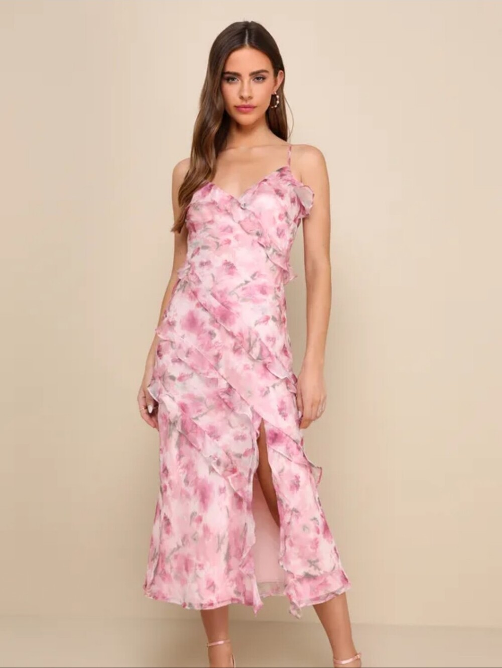 NWT Lulu's Dream Personality Pink Floral Ruffled Sleeveless Midi Dress ■ Size XL